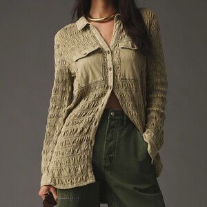 PILCRO Anthropologie Smocked Shacket Sand Lightweight Boho Coverup Long Shirt XS